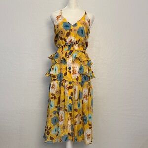 Chic Floral Midi Dress in Yellow and Blue